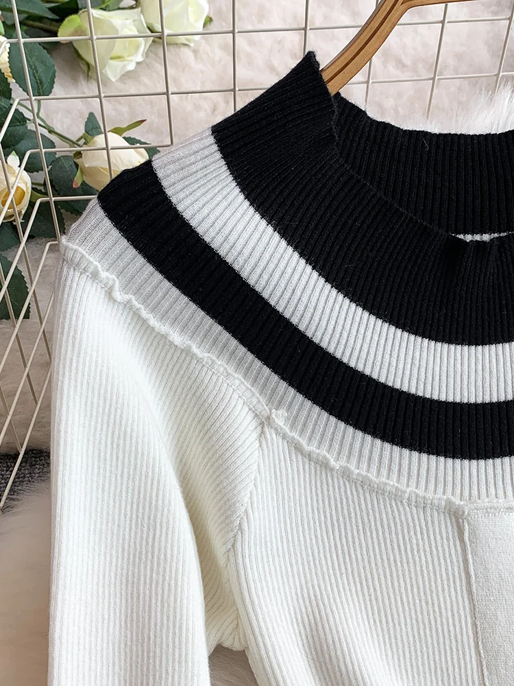 Vrouwen Jurken Color Blocking Uitlopende Mouw Schimmel Side Slash Hals Herfst Winter Parel Knop Slim Fit Tube Mini Vestidos DS233