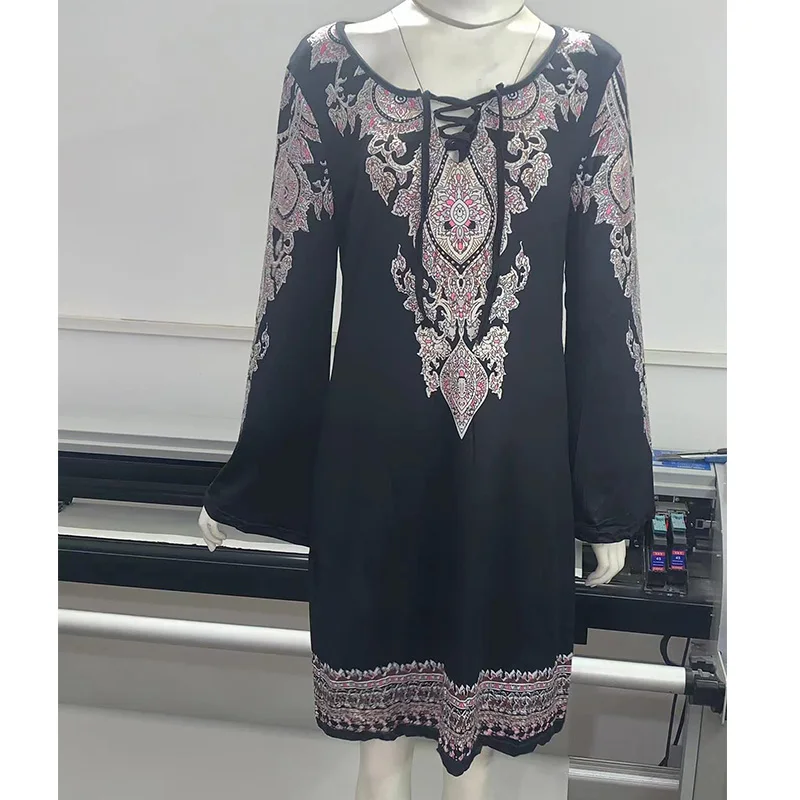 Tropical Dress Boho Vestidos Mujer Bohemian Long Sleeve V Neck Women Casual Loose Black Mini Robe Femme A Line Female Dresses