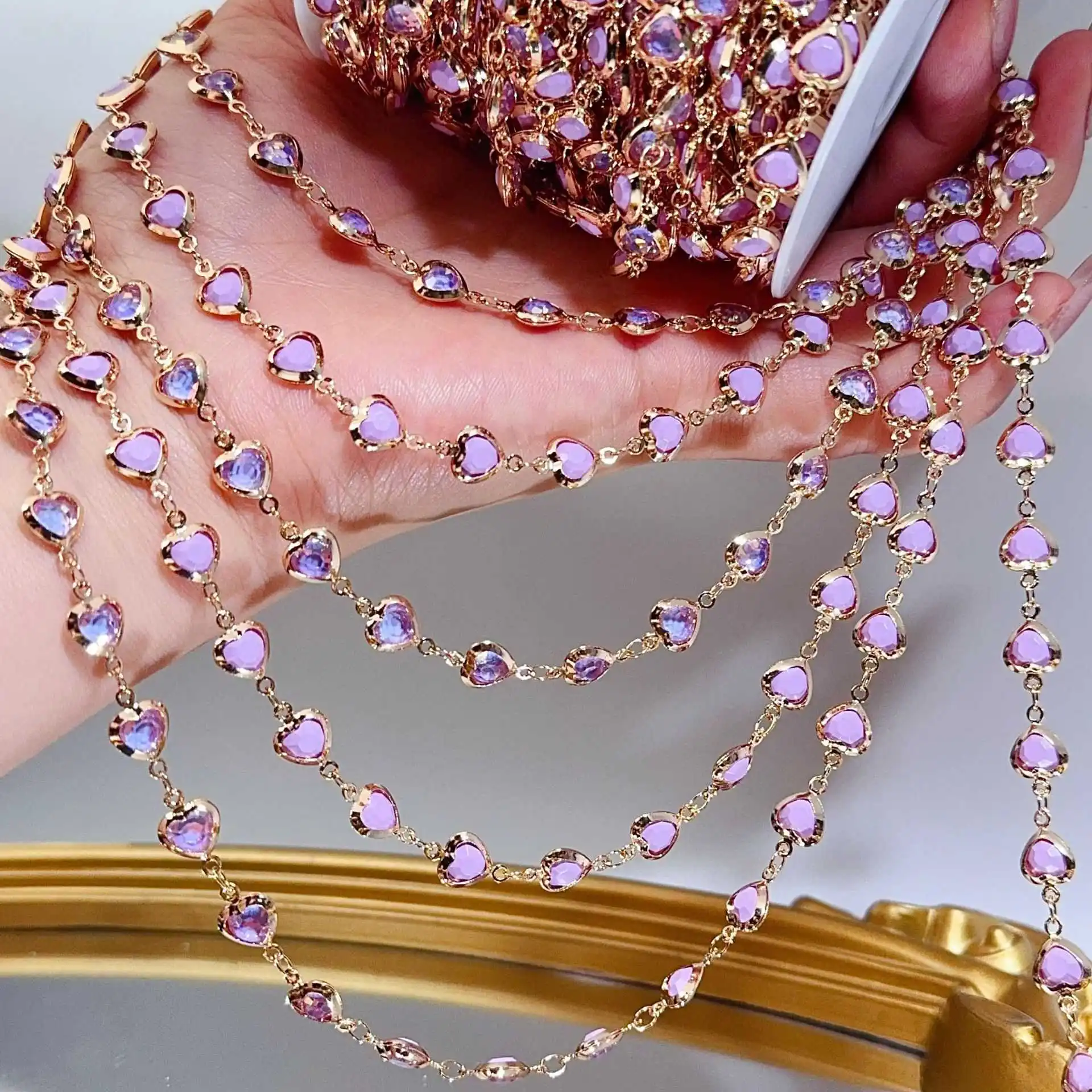 1 Meter Crystal Purple Love Heart Beads Copper Chain for DIY Bracelets Necklaces And Clothing Accessories