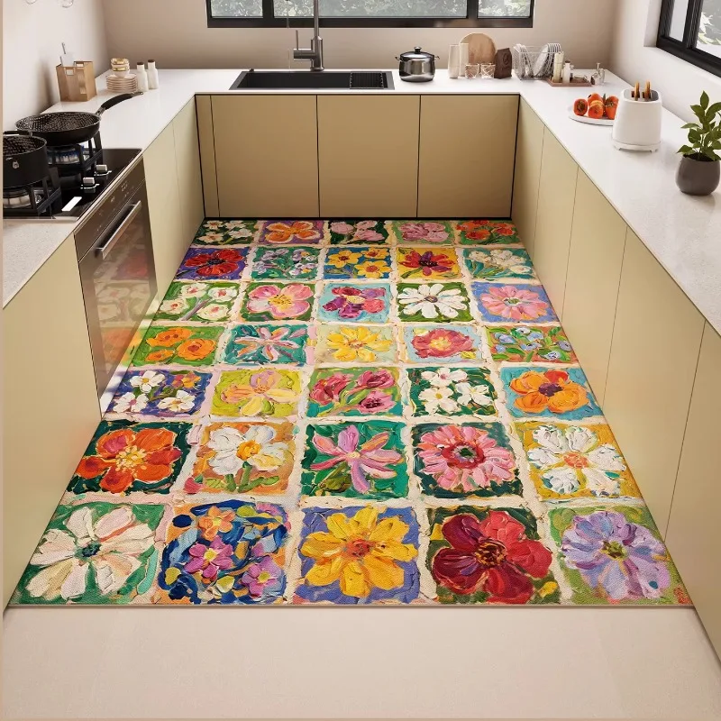 

PVC Kitchen Floor Mat Modern Floral Geometric Oil-proof Waterproof Bathrooms Carpet Dirty Resistant Easy Clean Balcony Rug Tapis