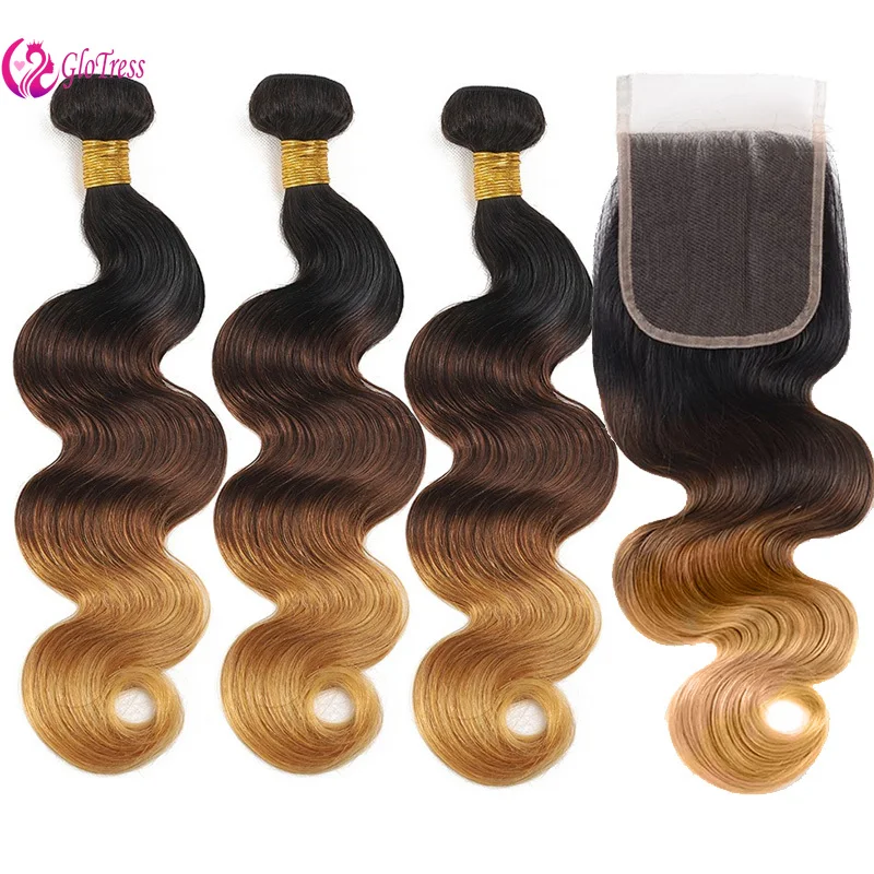 

Premium #1B/4/27 4x4 Transparent Lace Closure with 3 Bundles weaving Hair 10-26"Body Wave Brazilian Virgin Remy 100% Unprocessed