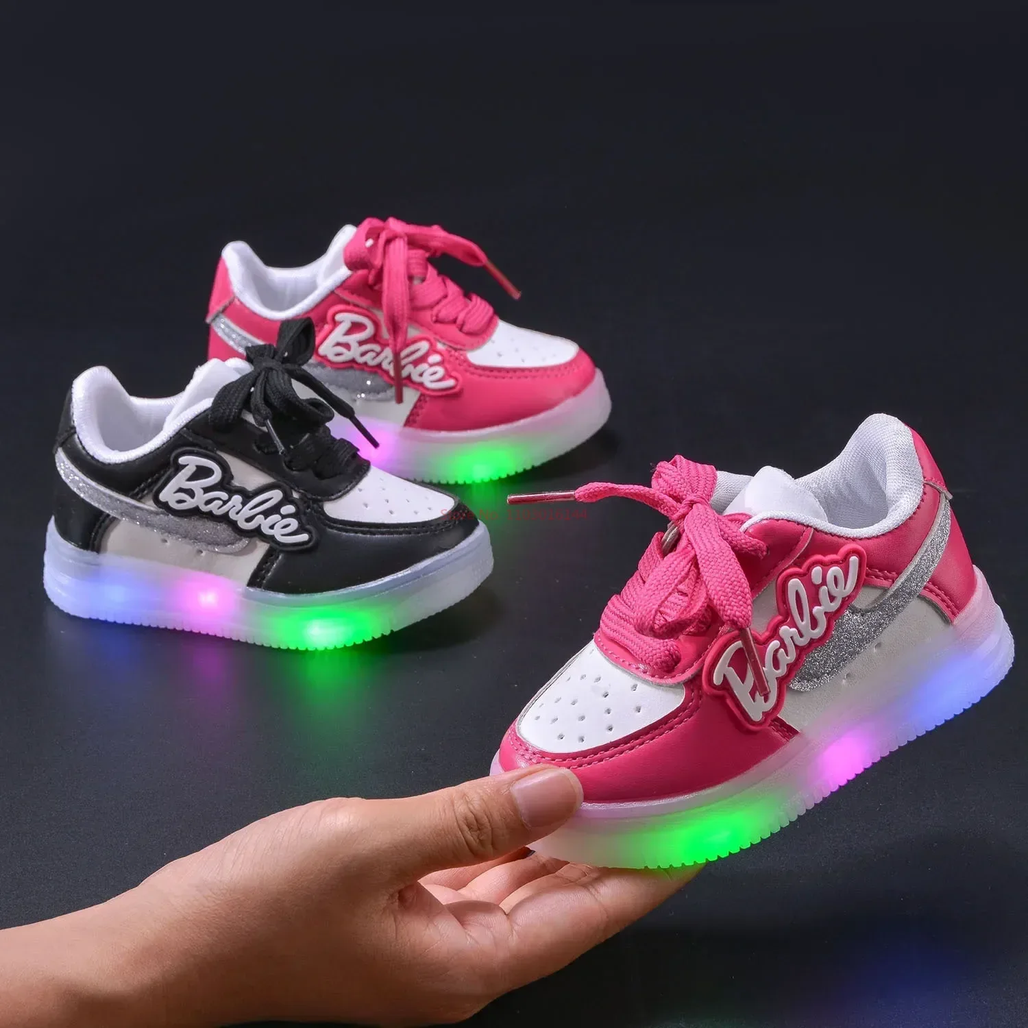 Cute Kids Barbie Shoes Children Tennis Shoes Girls Led Luminous Sport Shoes Baby Casual Sneakers Lighted Shoes Gift Size 21-30