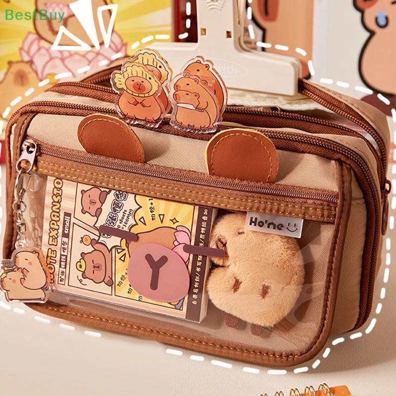 Large Capacity Kawaii Capybara Stationery Bag Flip Cover Multi Layer Capybara Pen Bag Cartoon Cute Animals 3D Ear Pencil Case