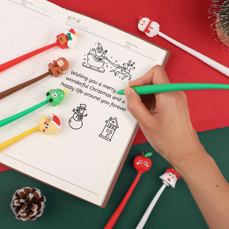 10pcs Christmas Themed Gel Pens Soft Bendable Cartoon Toppers for Christmas New Year Gifts Stationery Decoration