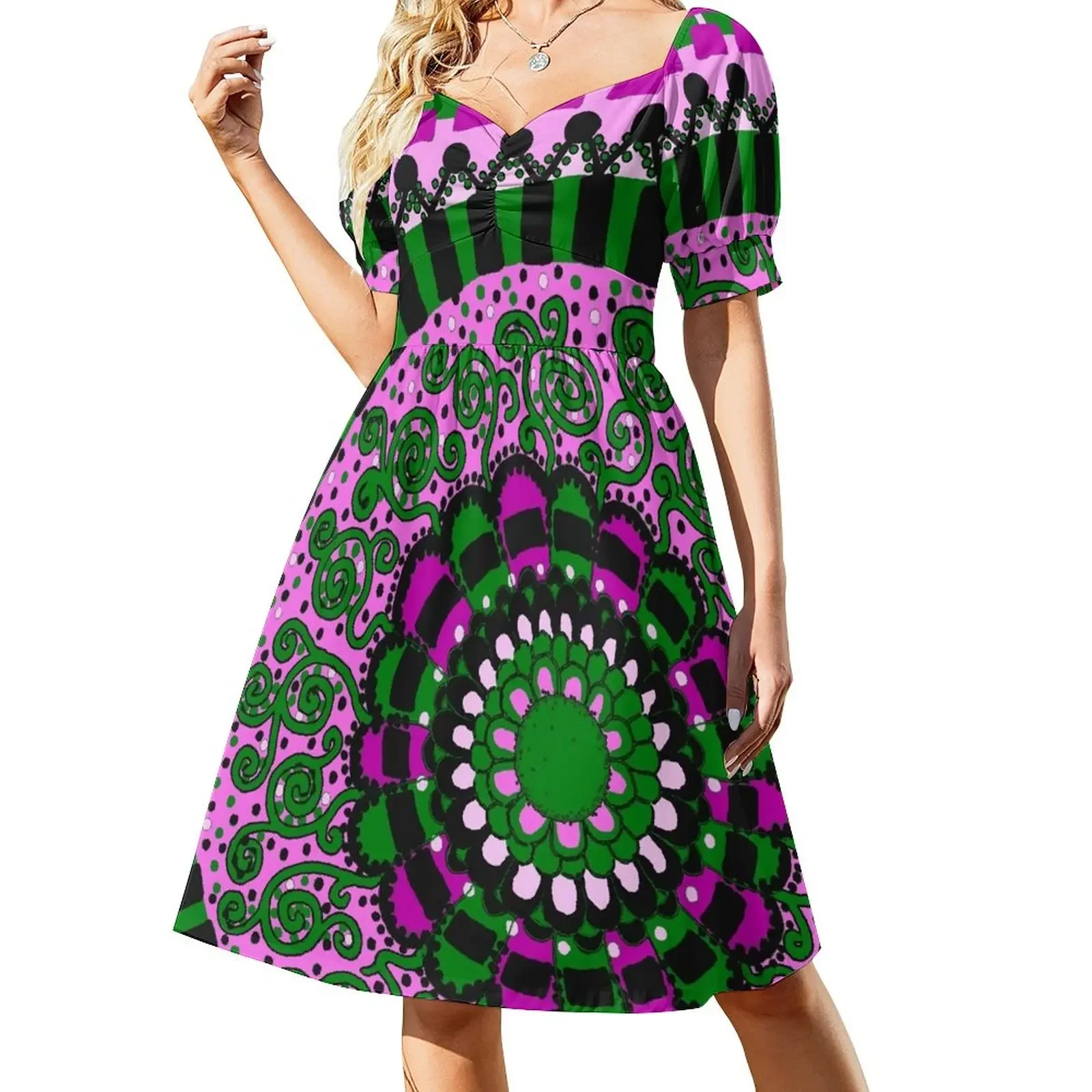 

Pink and Green Mandala Short-Sleeved Dress elegant party dress for women 2025 beach dresses Women's summer suit