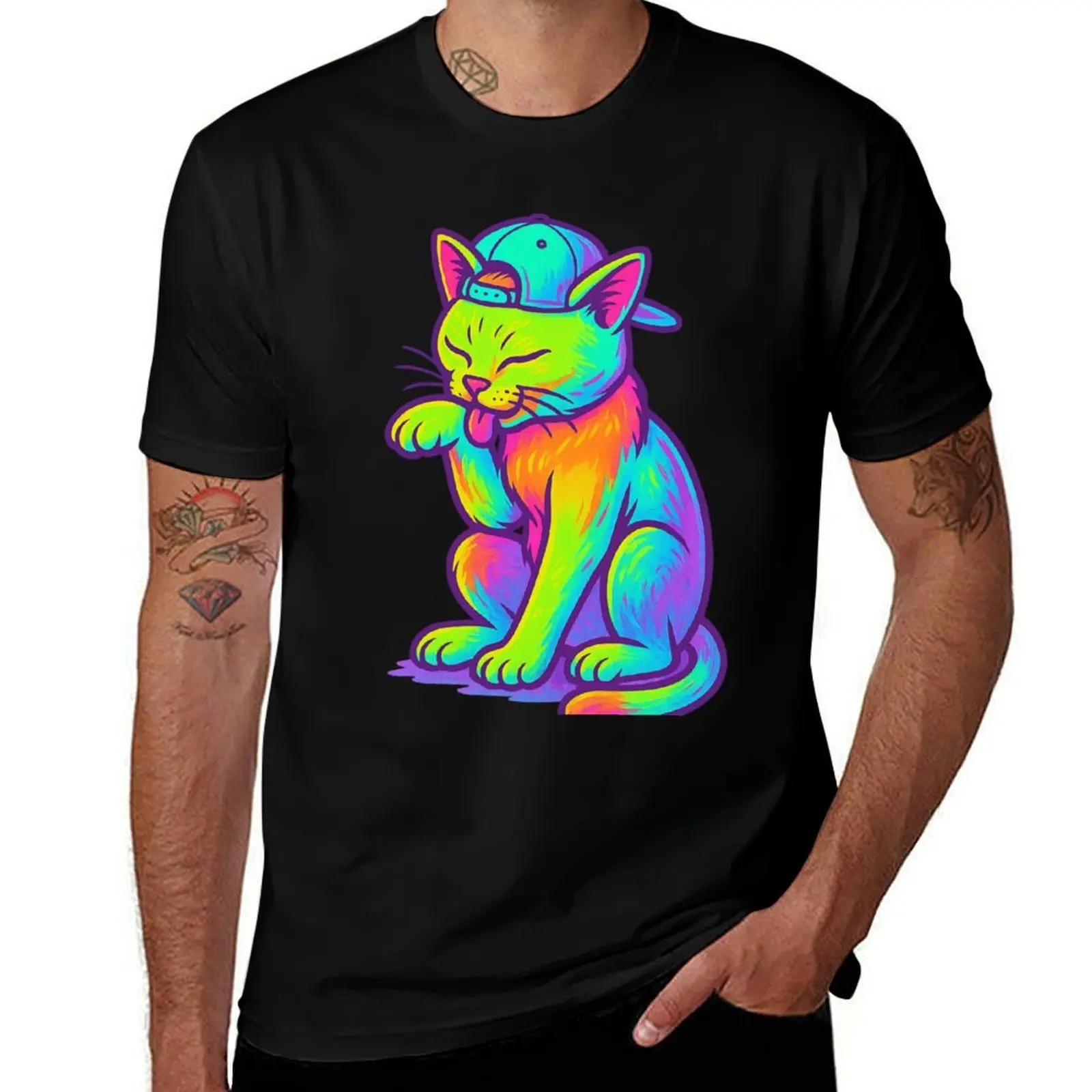 

Neon Cool Cat in Cap Licking Paw Illustration T-Shirt valentines boutique clothes cute clothes plain vintage t shirt men