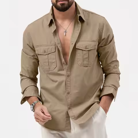 Safari Shirts Mens Outdoor Work Travel Button Down Tops Casual Long Sleeve Hiking Camping Utility Shirt With Flap Pocket