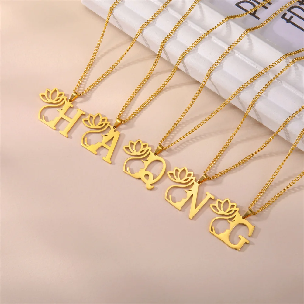 EUEAVAN Beauty Lotus Flower Letter Necklace for Women Stainless Steel Initial Pendant Necklace Alphabet Jewelry Christmas Gifts image 2