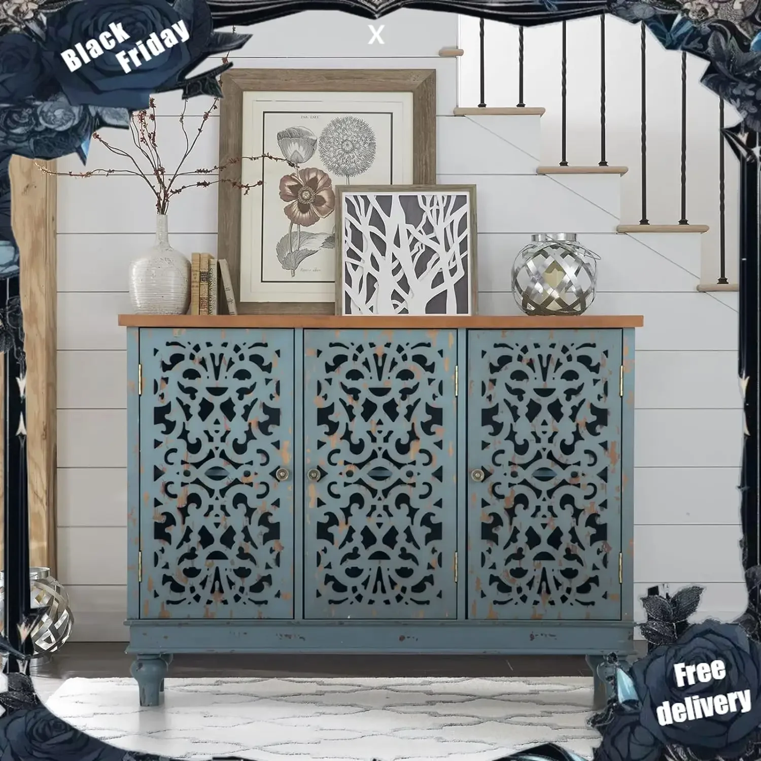 Sideboard and Buffet with Storage, 3-Door Hollow-Carved Accent Cabinet, Distressed Wood Storage Cabinet Cupboard