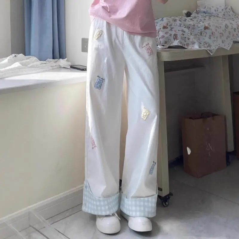 

Популярные кавайные модные широкие брюки для девочек, студенческие весенне-осенние повседневные прямые брюки с героями мультфильмов, детская одежда, новинка