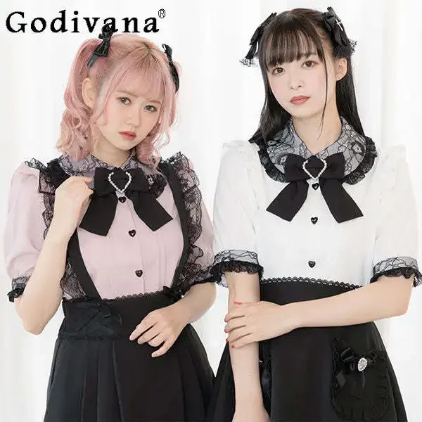 

Japanese Lolita Slim-Fit Pink Shirts Bow Lace Stitching Love Diamond Short Sleeve Tops Summer Fashion Y2k Elegant Blouses Women