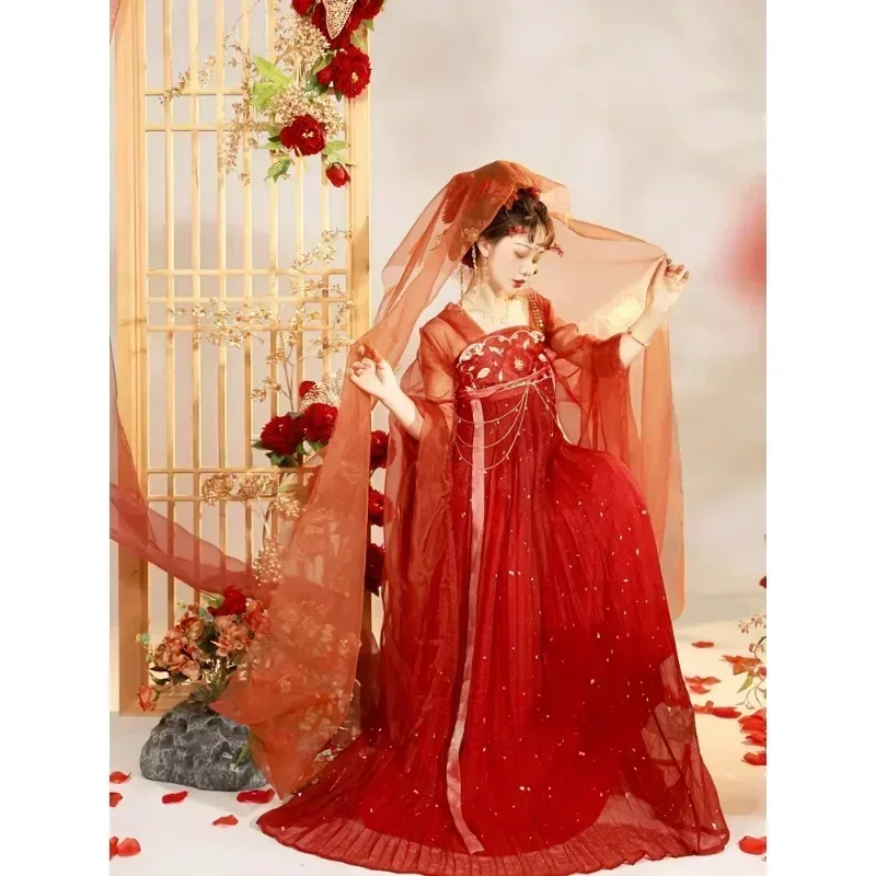 Robe de mariée rouge des dynasties du sud du nord pour femmes, broderie traditionnelle chinoise, robes Hanfu avec Pibo nickel é