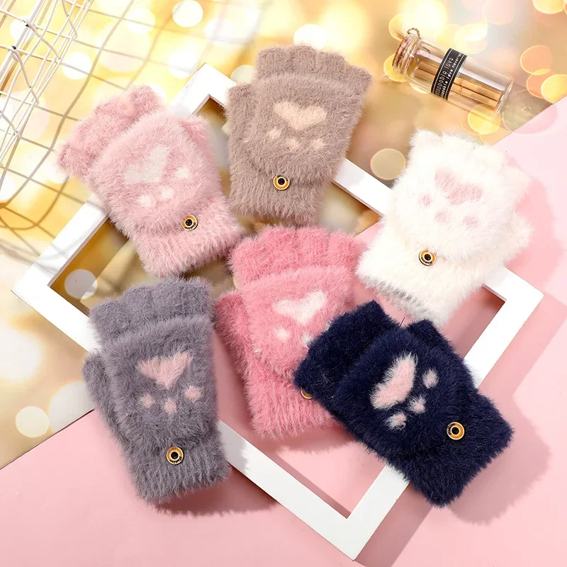 Ladies Winter Cat Paw Fleece Fingerless Gloves Girls Student Warm Touchscreen Gloves Women Casual Five-Finger Gloves Breathable