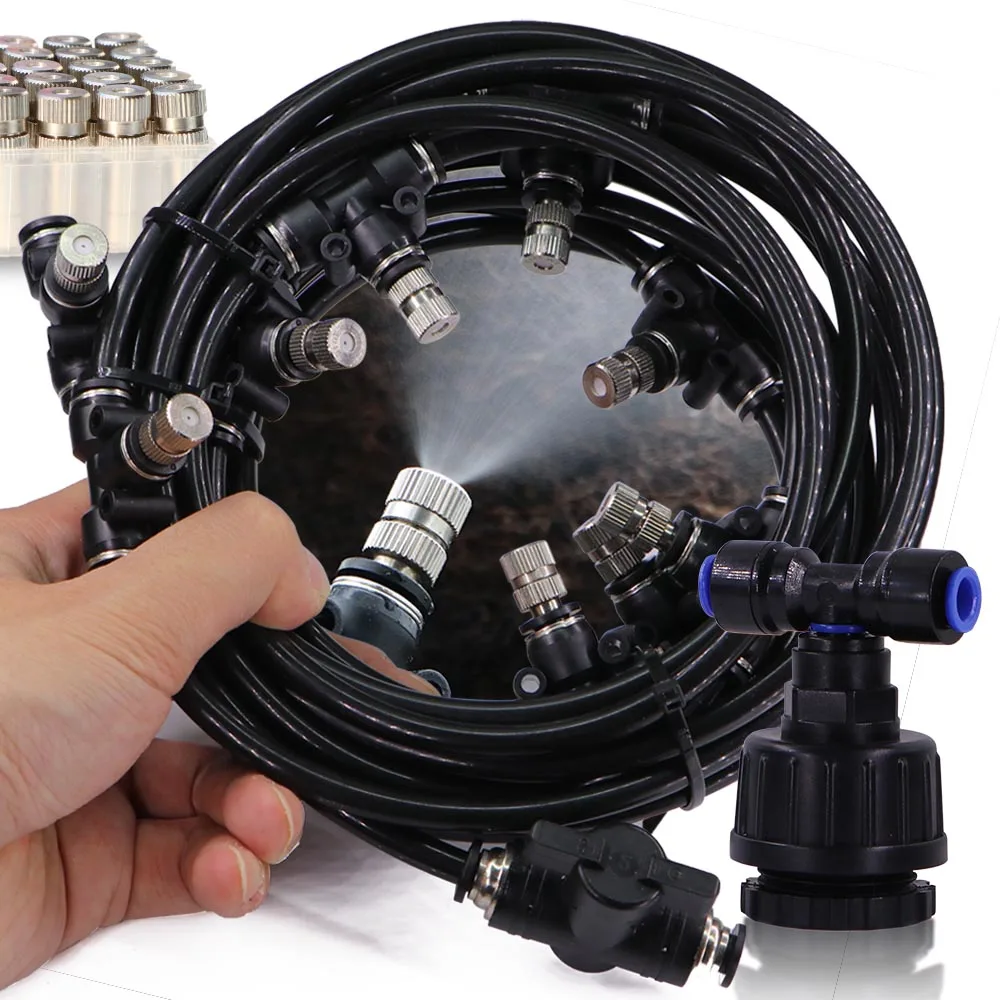 

30/20/10m 1/4" 4/6mm Misting Cooling System 0.6mm Nozzles Atomizer Sprayer Garden Irrigation Watering with 1/2-Ways Tap Adapter