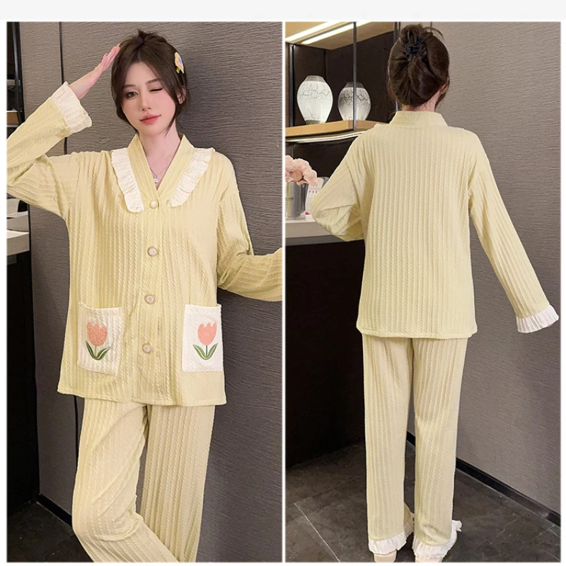 طقم بيجامة نسائية بأكمام طويلة ، قميص بأزرار ، بنطلون طويل ، ملابس فضفاضة ، ملابس منزلية للطلاب البنات ، ملابس منزلية ، مقاس كبير 5XL ، الخريف