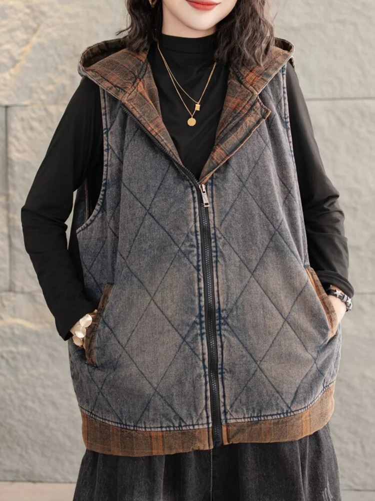 Max Lulu Merk Winter Dames Gewatteerd Denim Capuchon Vest Dames Vintage Mode Vrijetijdsvesten Casual Losse Mouwloze Jassen