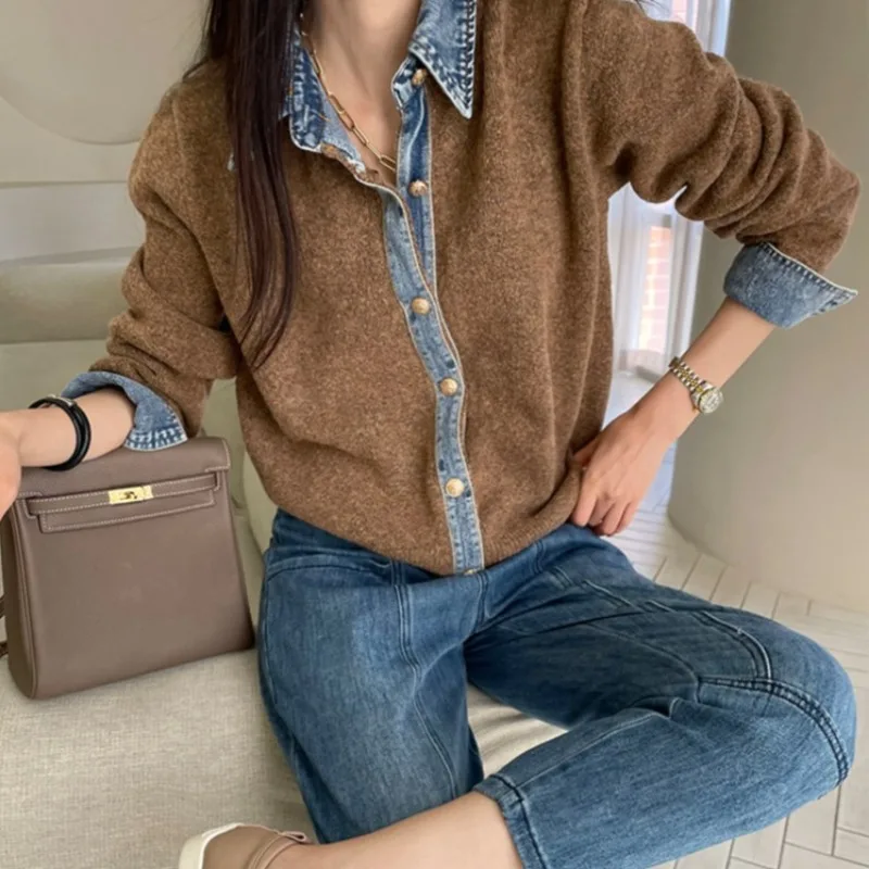 

Korean Lazy Style denim Patchwork Knitted Cardigan Women 2025 Autumn Winter Casual Loose Fit Slimming Long Sleeve Sweater Jacket
