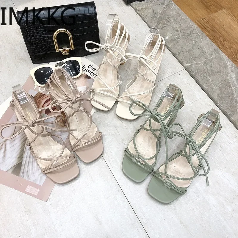 Cross Bandage High Heels Sandals Women Summer Fashion Lace-Up High Heels Peep Toe Shoes Female Square Heel Ladies Sandals F90205