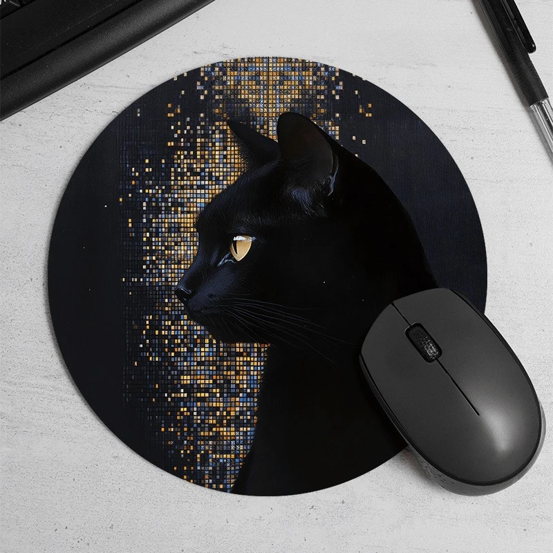 Black Cat Round Mouse Pad Desk Mat Non-Slip Rubber Pad Gamers Laptop Office Desk Mats Mousepad Setup Office Desk Accessories