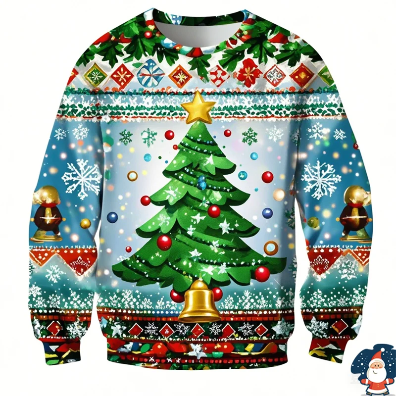 Fashion 2024 Ugly Christmas Sweater Funny Xmas Graphic Sweatshirt Christmas Tree Pullovers Boy Crewneck Polyester Tracksuit Tops