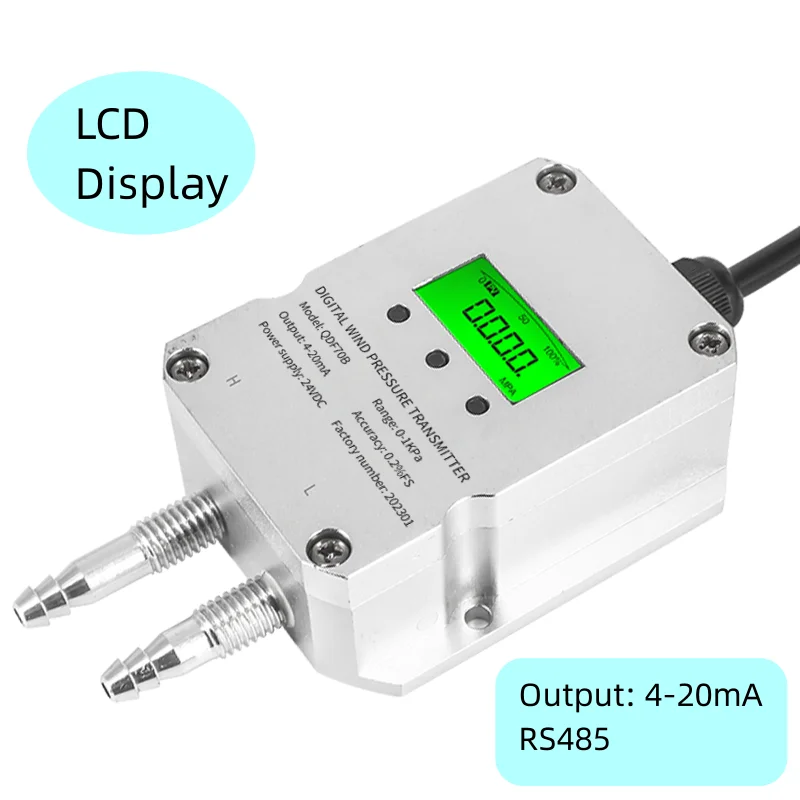 Transmissor de pressão de ar industrial, sistema hvac, display lcd-30-300kpa, micro transmissor digital de pressão diferencial de gás eólico