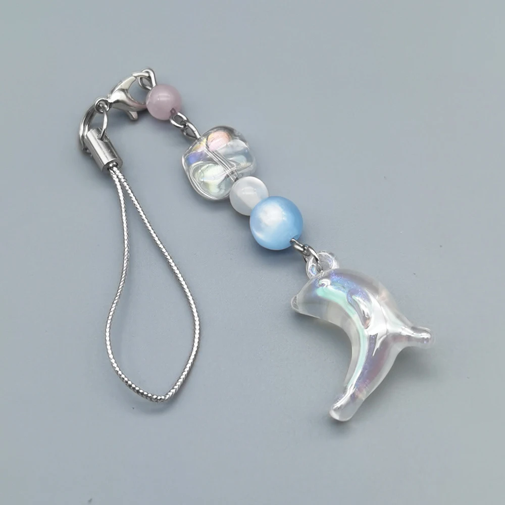 Original Design Kawaii Dolphin Phone Charm Ocean Style Pearl Bead Pendant Camera Bag Lanyard Keychain Cord