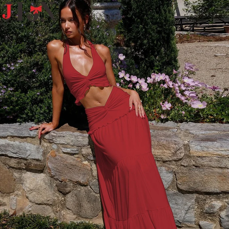 

JHJN Women Skirt Suits Solid Sexy Ruffle Halter V-Neck Crop Tops Cross High Waist Skirts Beach Style Two Pieces Set Sexy Outfits