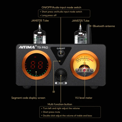 Imagen 2 del producto AIYIMA T9 PRO APTX HD amplificador Bluetooth Audio 100Wx2 amplificador de potencia estéreo HiFi USB DAC COAX OPT VU medidor amplificador de tubo
