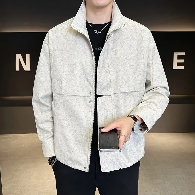 

Модная мужская куртка с воротником-стойкой, свободного кроя, повседневная, для осеннего сезона, универсальный стильный дизайн, верхняя одежда из полиэфирного волокна