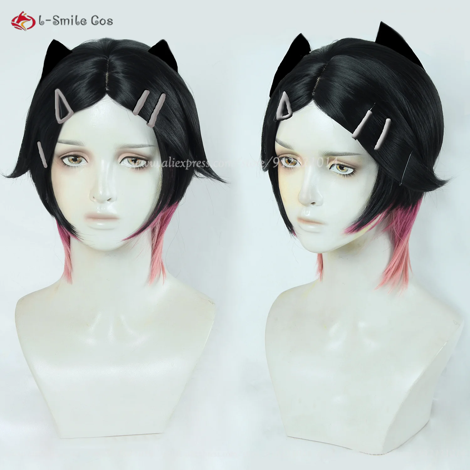 

Game Clove Cosplay Wig Black Highlights Pink Simulated Scalp Short Wigs Heat Resistant Synthetic Hair Party Anime Wigs + Wig Cap