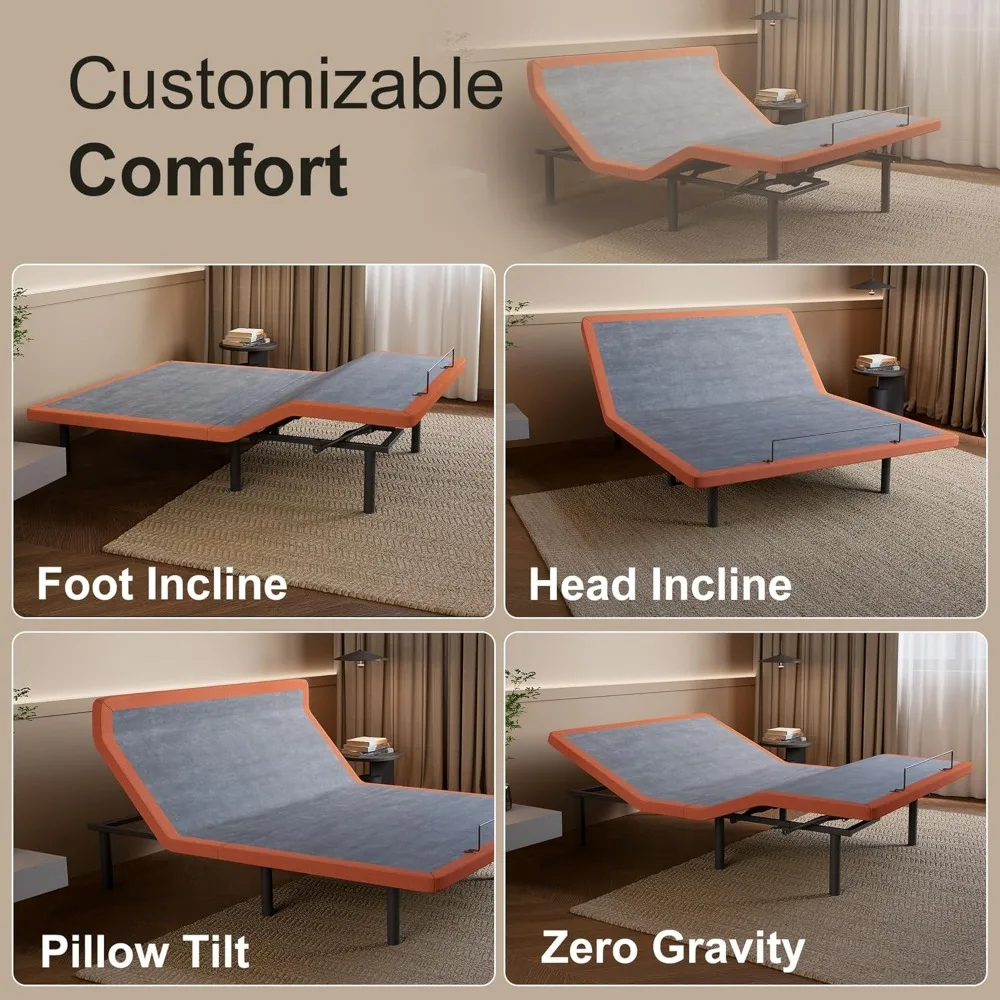 قاعدة سرير بإطار سرير قابل للتعديل مع تدليك، إمالة وسادة، مائل مريحة، انحدار الجاذبية، منفذ USB مزدوج، ضوء تحت السرير