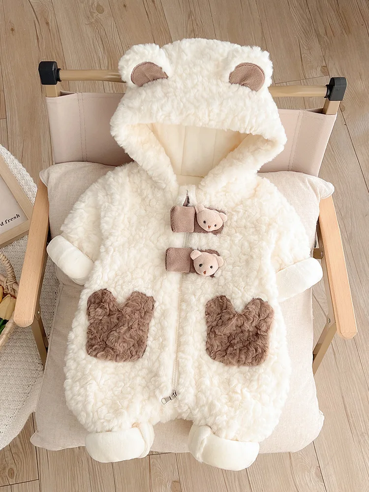 Winter Baby Rompers Girls Boys Fleece Warm Soft Bear Ear Jumpsuit Infant Hooded Long Sleeve Skin-Friendly Rompers Baby Clothes