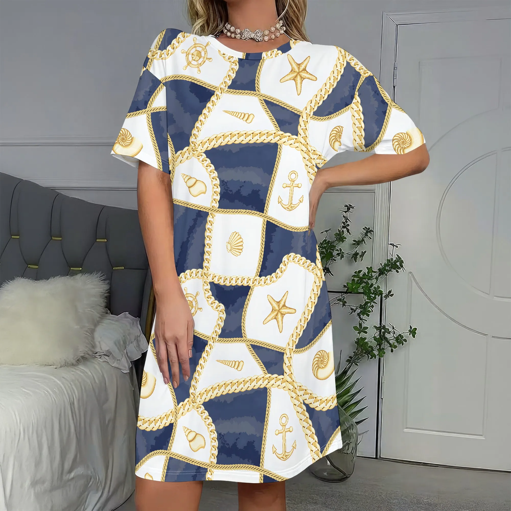 

Nautical Rope Print, Short Sleeve T-Shirt Dress, Anchor & Starfish Pattern, Summer Beach Casual Wear, S-2XL