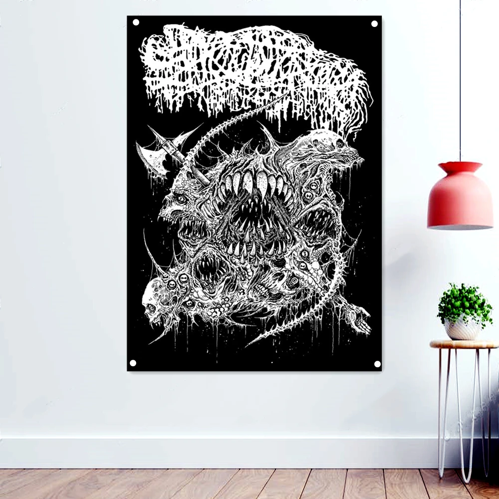 Death Metal Icon Illustrations Hang Flag Fantastically Brutal Skull Art Poster Skeleton Banners Wall Sticker Home Decoration