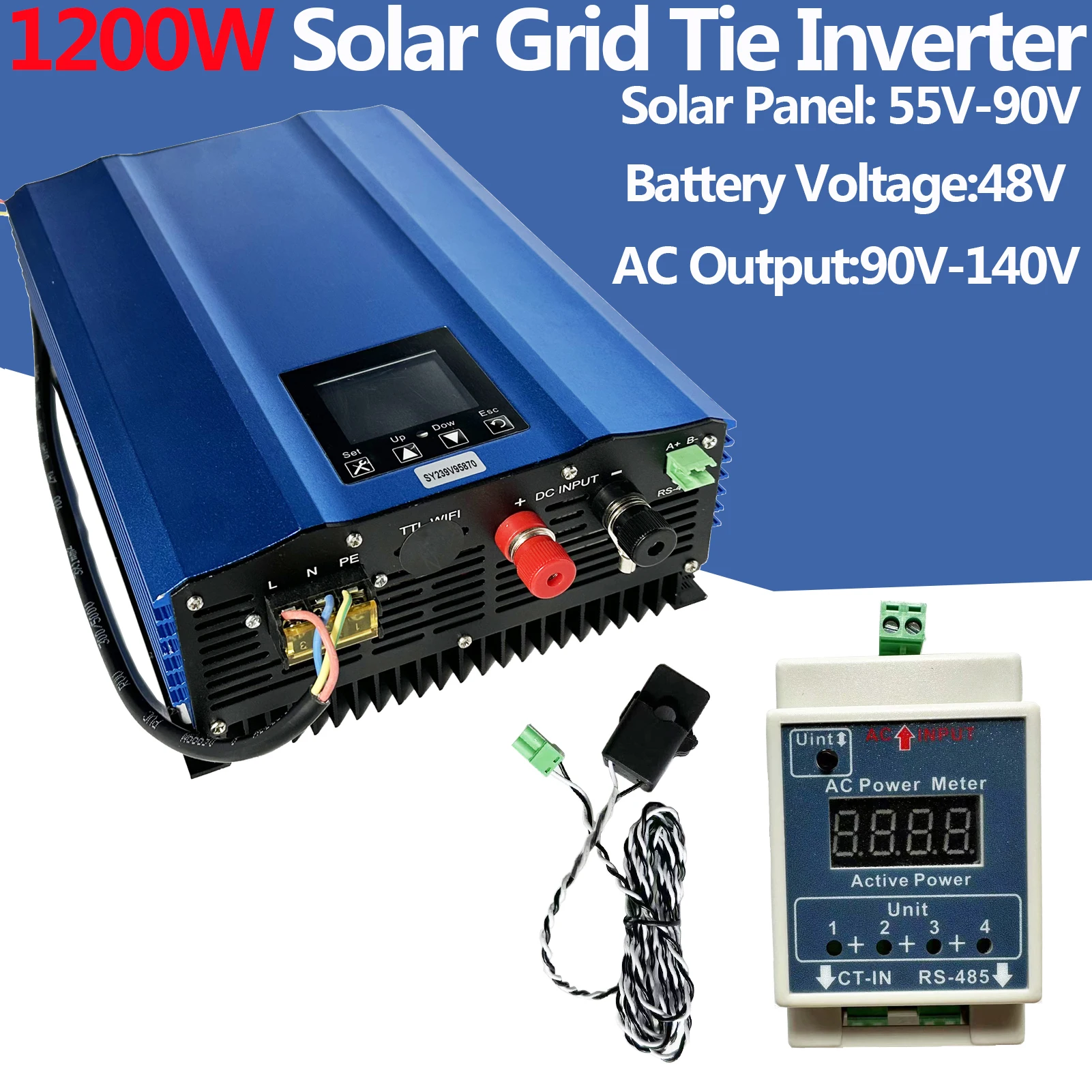 TINGEN 1200W Grid Tie Inverter with LCD Solar Panel Input 55V-90V Battery Voltage Input 48V AC Output 90V-140V