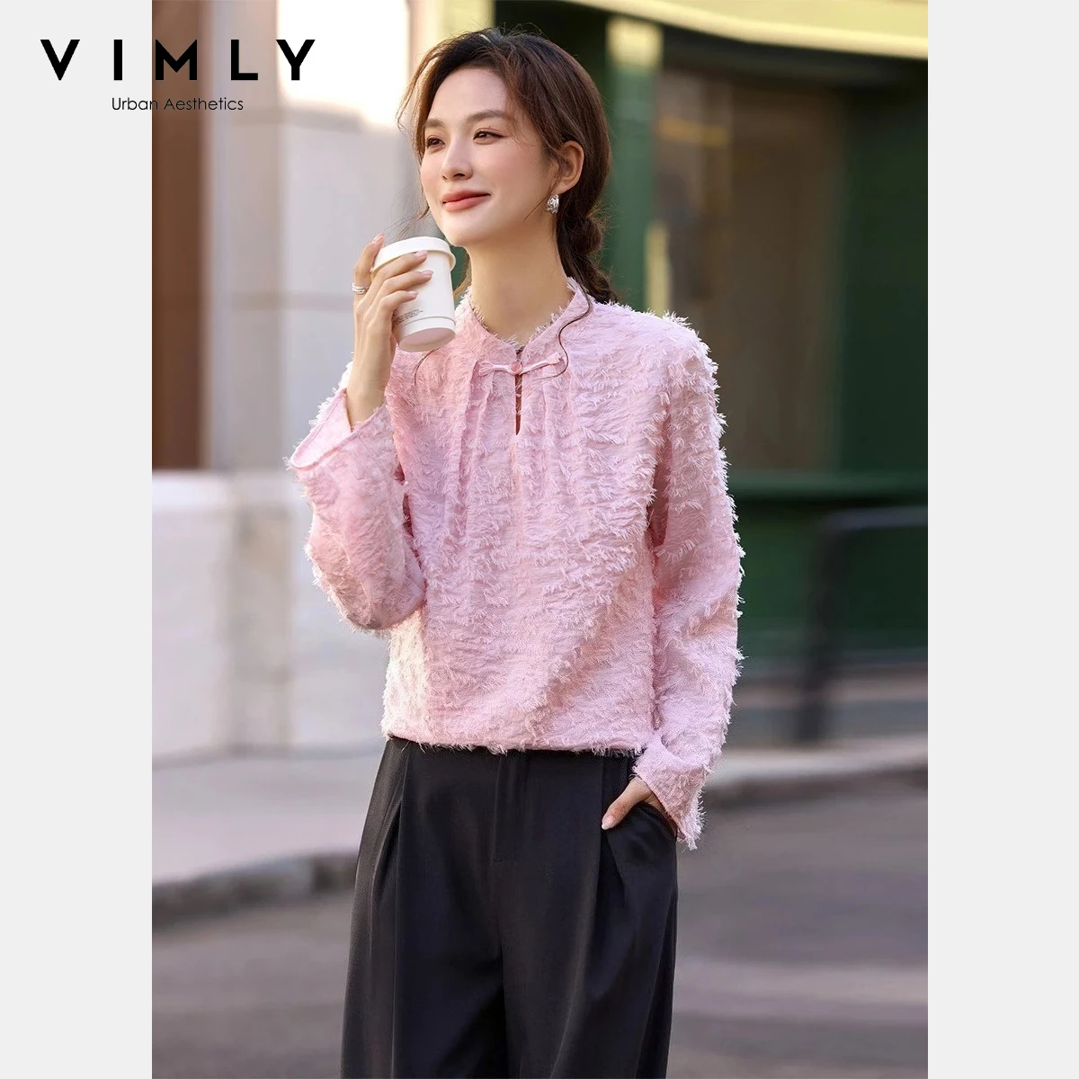 

VIMLY Women's Mandarin Collar Shirt 2026 Spring New Casual Pink Fuzzy Textured Frog Button Flare Sleeve Long Sleeve Blouse A3056