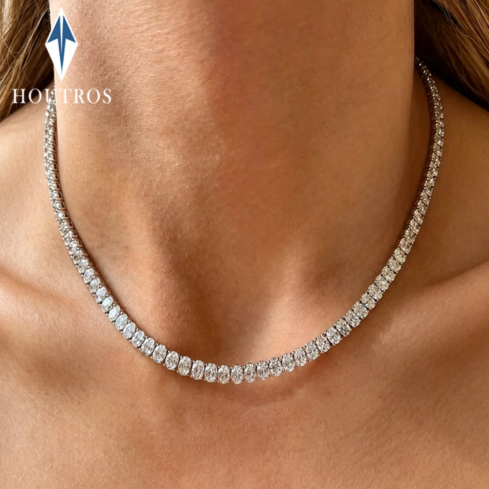 2x4mm Oval Cut Full Moissanite Tennis Necklace for Women Bridal Wedding Party Neck Chain 925 Sterling Silver Fine Jewelry Gift
