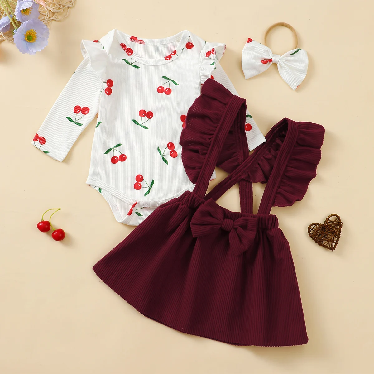 Neonata Cherry Ruffles felpa con cappuccio abito Casual fiocco copricapo 3 pezzi adatto per la piccola principessa migliori regali