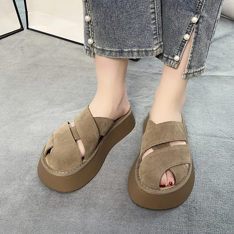 Cow Suede Low Heel Modern Slippers Flat with Summer Women\'s Shoes on Sale 2024 New Outside Solid Shallow Concise Slippers