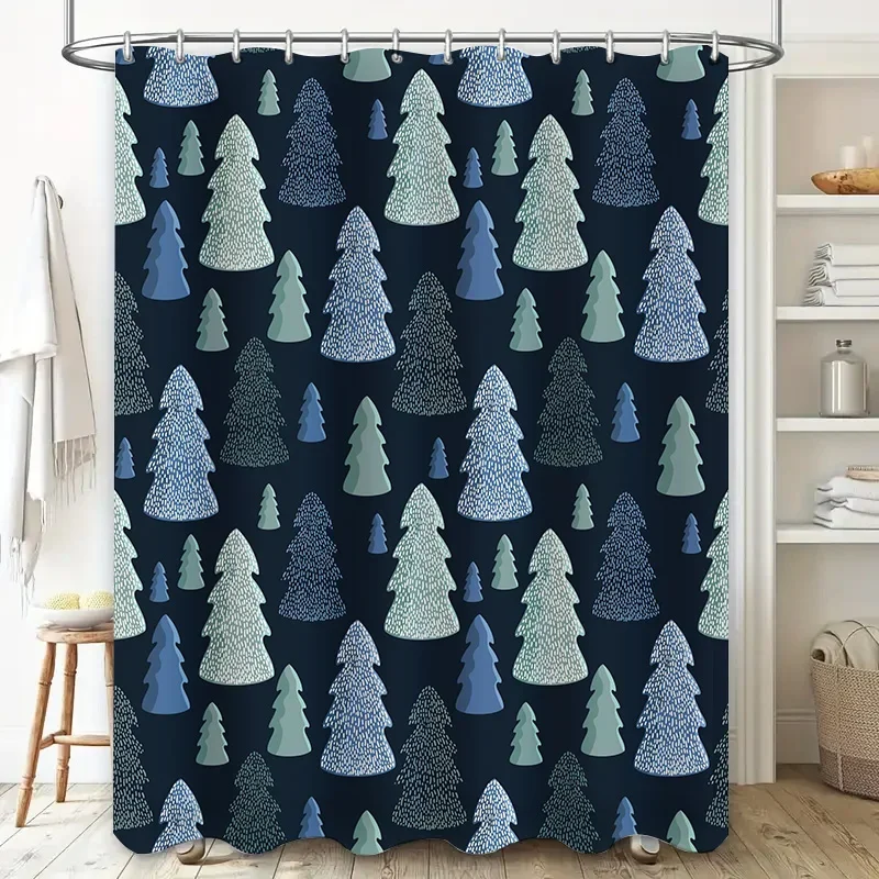 

christmas tree shower curtain waterproof fabric patterned bathroom decor modern design navy blue green white color bath mat acce
