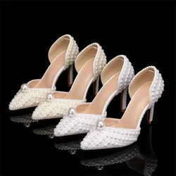 All Pearl Shallow Mouth Summer Sandals Pointed High Heeled Bride's Wedding Pearl Women Shoes Size 35-43 Bridesmaid White Sandals