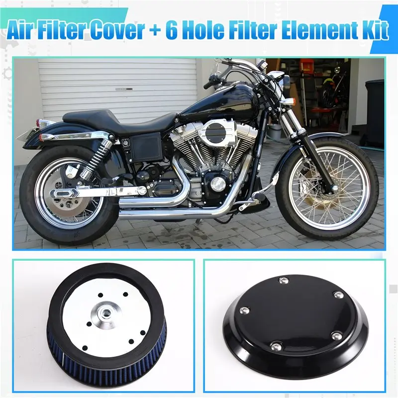 ABTC-Motorcycle Black Air Cleaner Cove & 6 Hole Filter Element For Harley Dyna Softail Touring 1999-2016 Trike 08-16