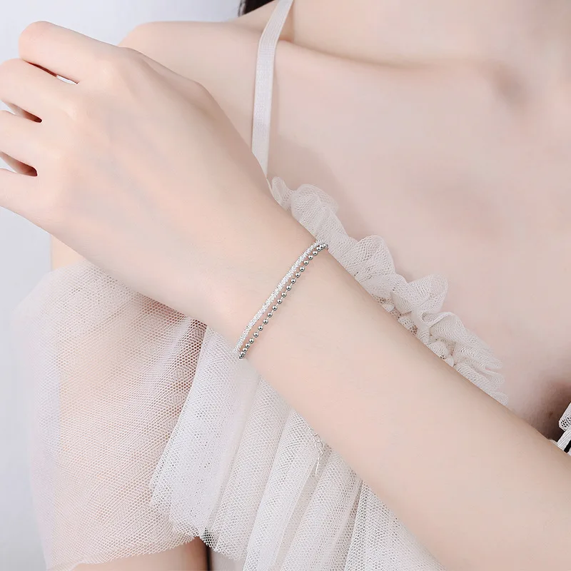 S925 Stamp Silver Color Double Layer Twist Rotation Bracelet Female Interval Round Beads Bracelets Korean Fresh Jewelry Gifts