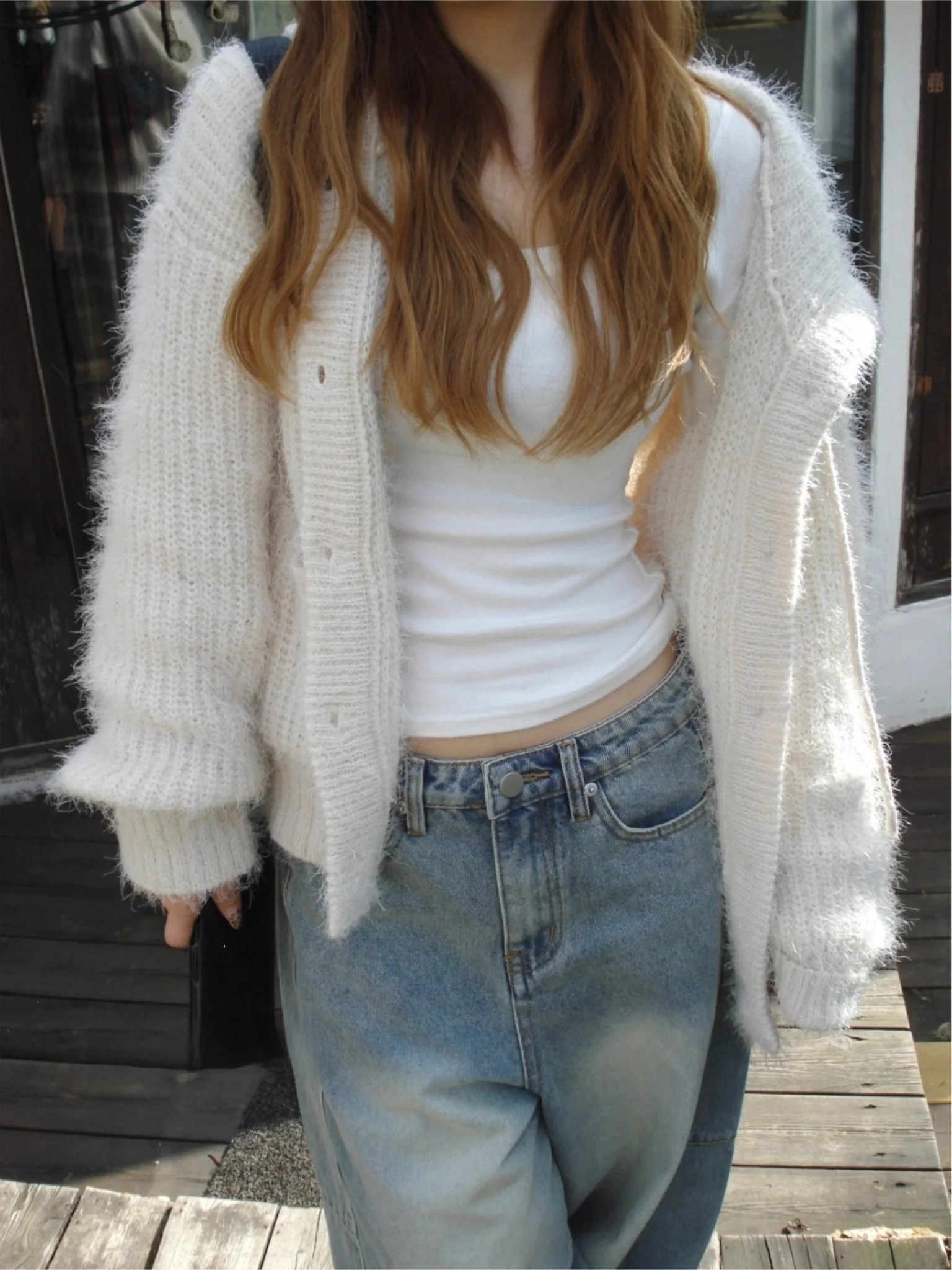 

Ретро японский вязаный кардиган с капюшоном большого размера, пушистый легкий универсальный удобный длинный свитер свеча для поездок на работу