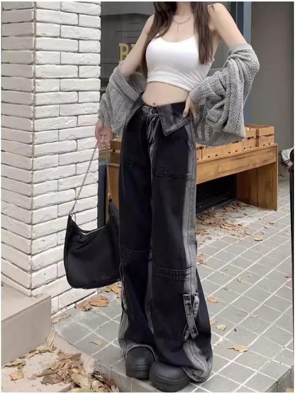 

American High Street Gradient Straight Leg Jeans Women's Spring Autumn New High Waist plus Size Loose Drapey Wide Leg Pants