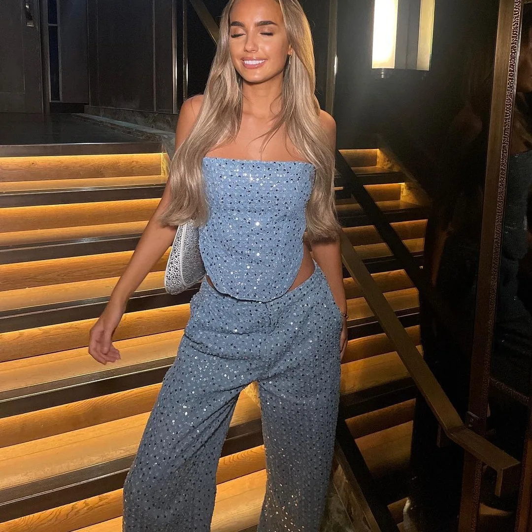 Sexy Sequin Denim Two Piece Set Women Strapless Tube Top High Waist Wide Leg Pants Suits Party Club Outfits Sparkly Matching Set