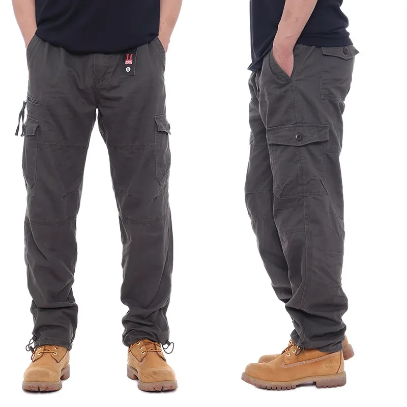 Simple cotton overalls men's casual pants elastic waist plus size  multi-pocket slacks site