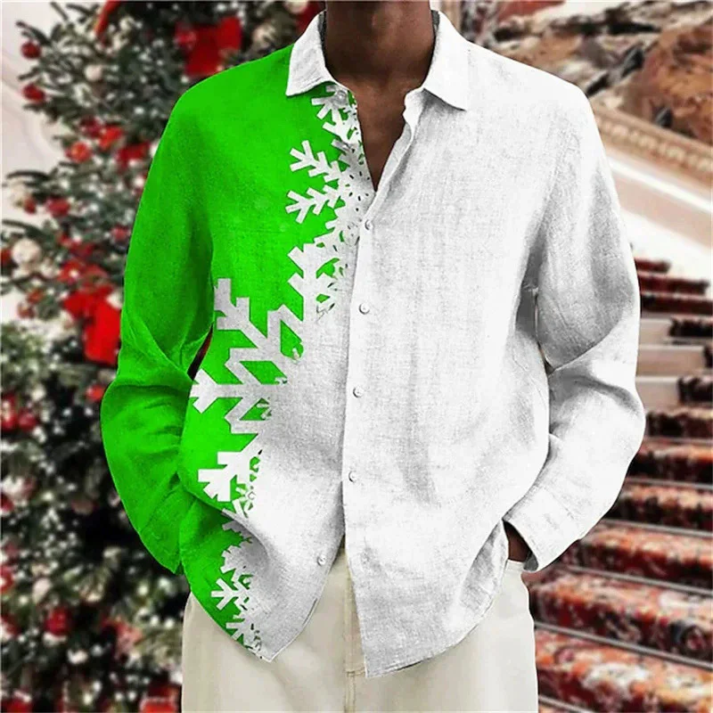 4XL Plus Size Men's Clothing Snowflake Pattern Shirts Autumn Winter Long Sleeve 3D Printed Street Christmas Blouse Casual Shirt