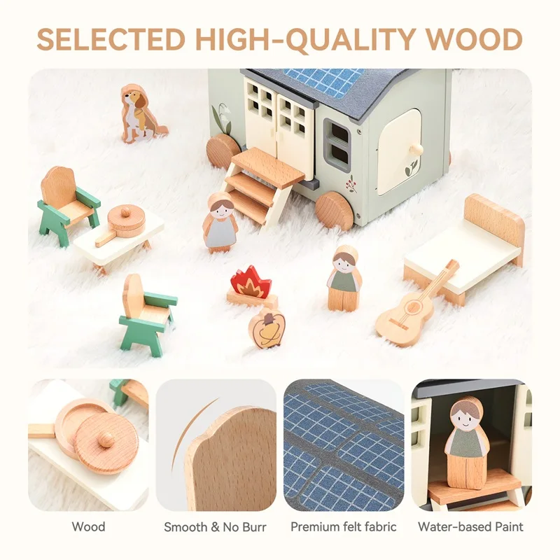 Zestaw zabawek edukacyjnych dla dzieci - kamper, drewniany domek do zabawy, stół i krzesła, ozdoba - zabawka kamper