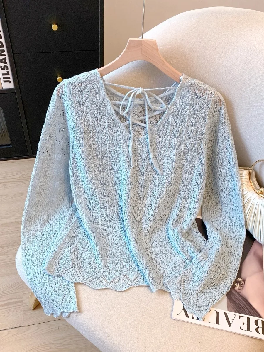 

Женский свободный вязаный топ с длинными рукавами, с вырезами, тонкий, с защитой от солнца, для ранней осени, универсальный, повседневный